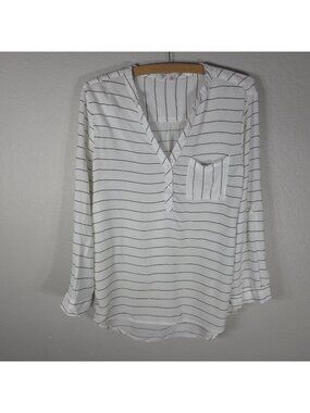 Bailey & Chloe White Black Stripe Blouse Roll Tab Button Up V-Neck Size M Women’